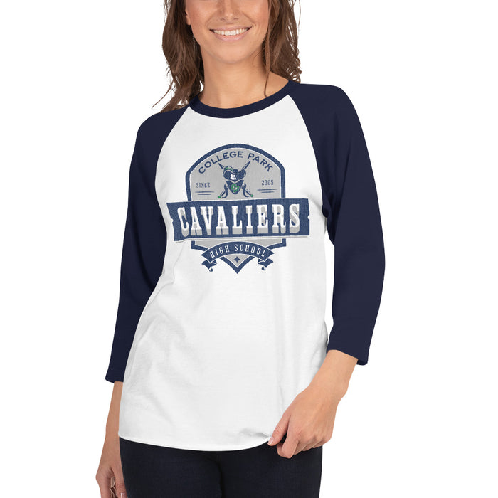 Woman wearing a College Park High School Cavaliers Unisex 3/4 sleeve Raglan T-shirt 223