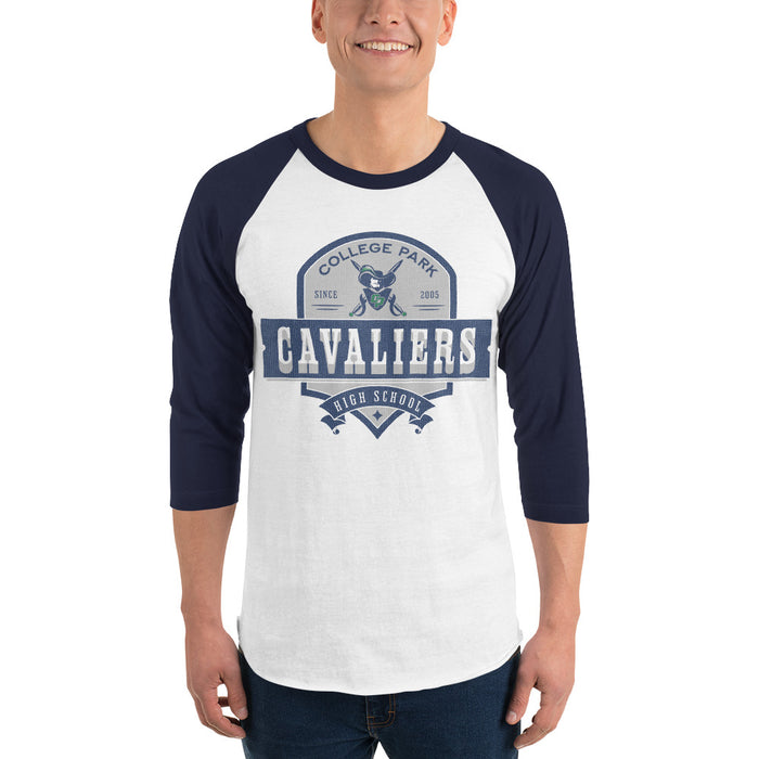 Man wearing a College Park High School Cavaliers Unisex 3/4 sleeve Raglan T-shirt 223