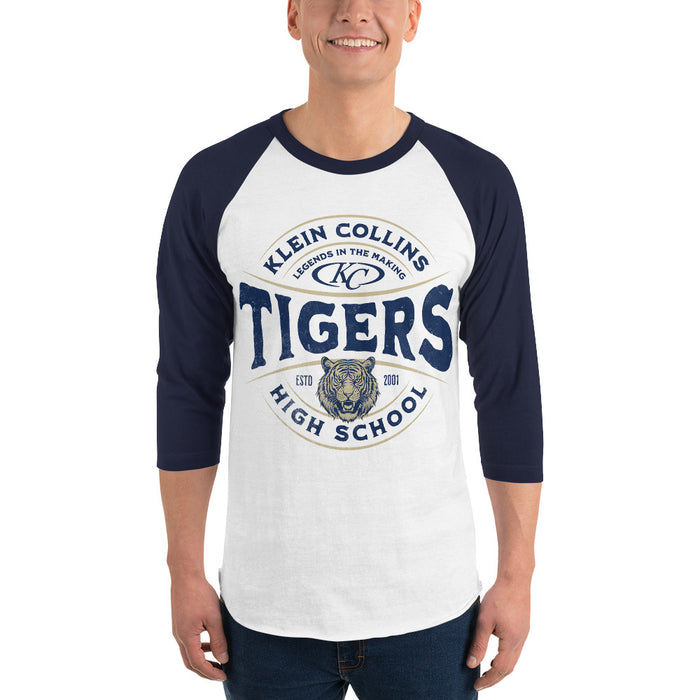 Man wearing a Klein Collins High School Tigers Unisex 3/4 Sleeve Raglan T-shirt 201