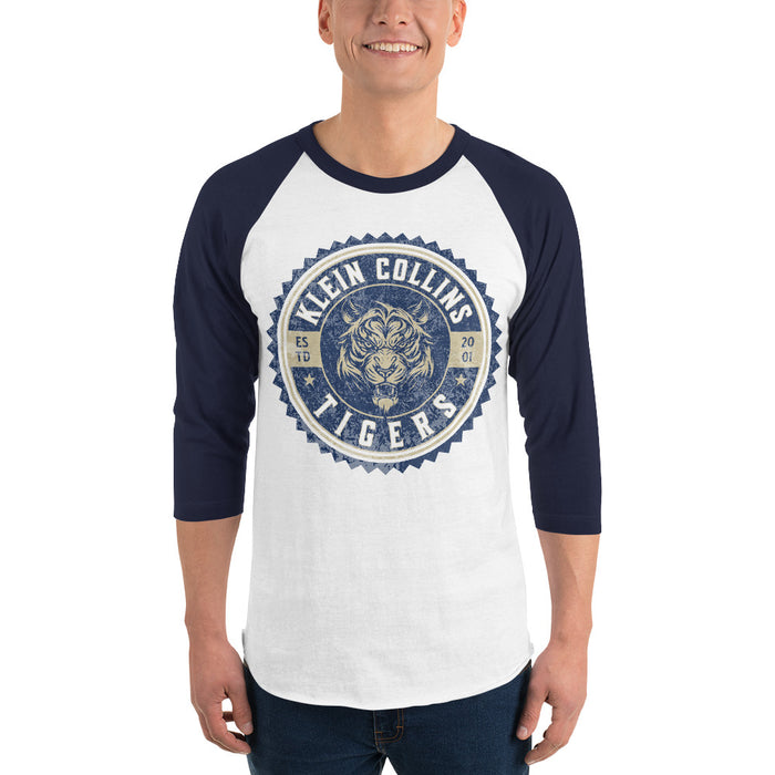 Man wearing a Klein Collins High School Tigers Unisex 3/4 Sleeve Raglan T-shirt 207