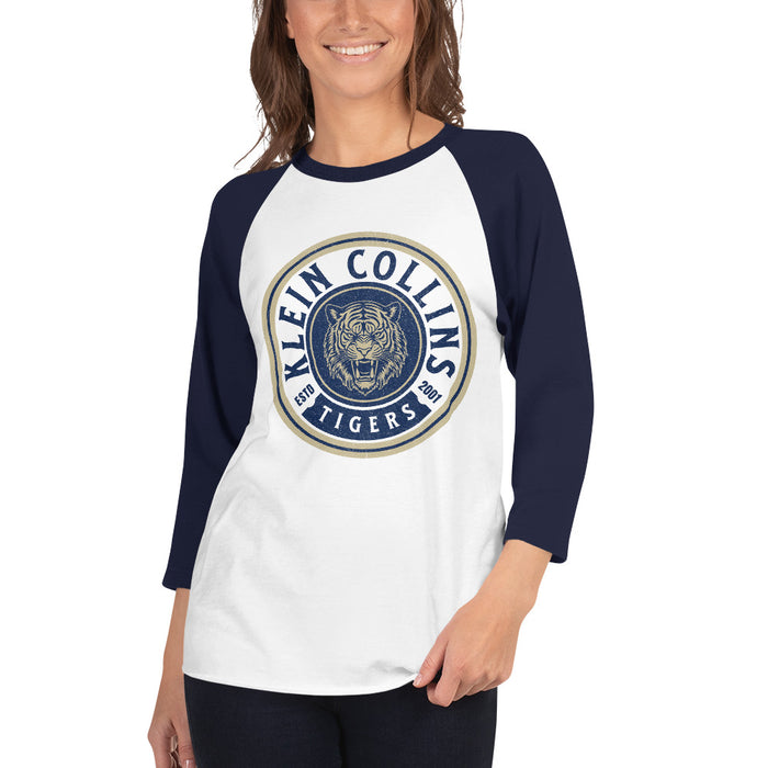 Woman wearing a Klein Collins High School Tigers Unisex 3/4 Sleeve Raglan T-shirt 208