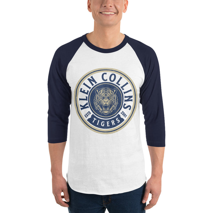 Man wearing a Klein Collins High School Tigers Unisex 3/4 Sleeve Raglan T-shirt 208