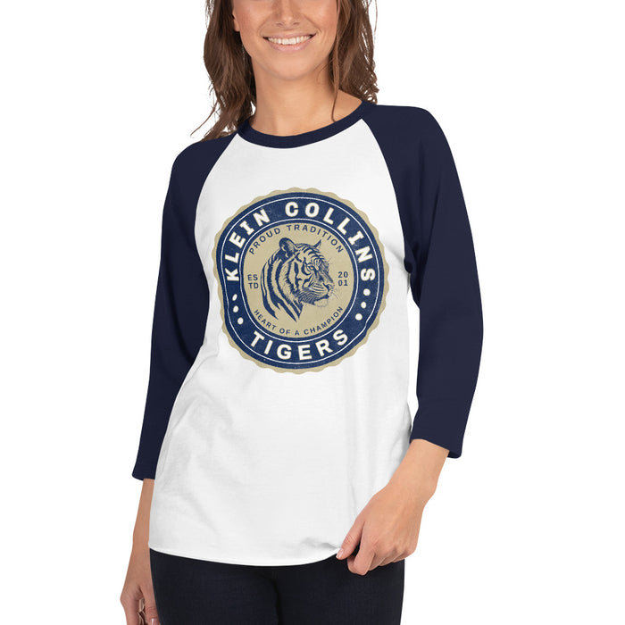 Woman wearing a Klein Collins High School Tigers Unisex 3/4 Sleeve Raglan T-shirt 209