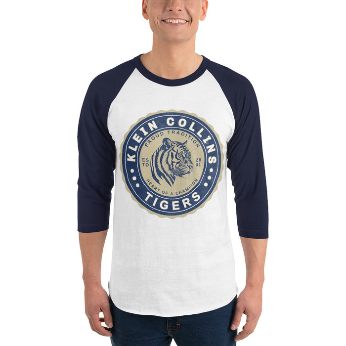 Man wearing a Klein Collins High School Tigers Unisex 3/4 Sleeve Raglan T-shirt 209