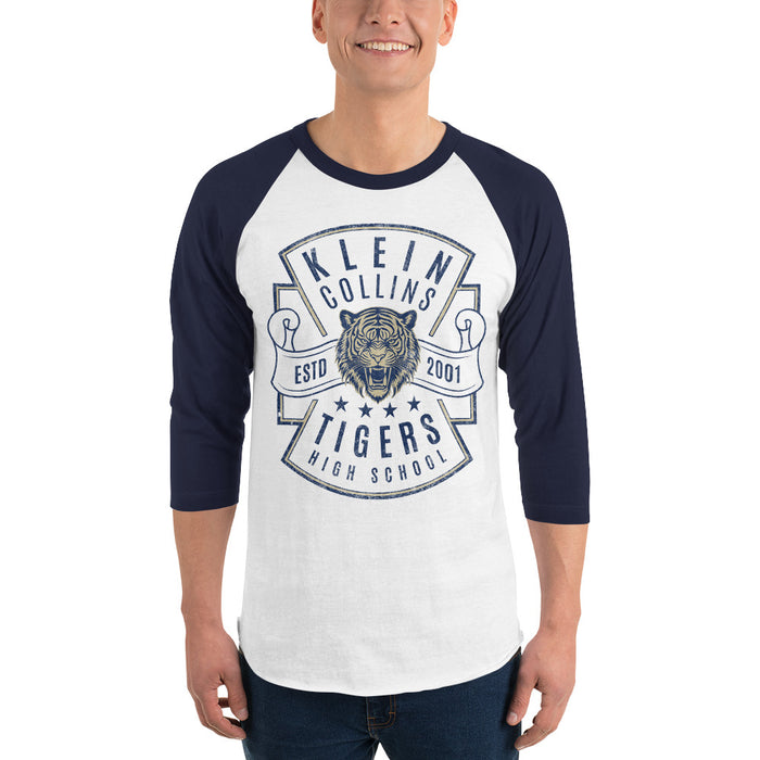 Man wearing a Klein Collins High School Tigers Unisex 3/4 Sleeve Raglan T-shirt 210