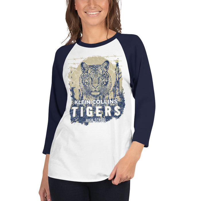 Woman wearing a Klein Collins High School Tigers Unisex 3/4 Sleeve Raglan T-shirt 211