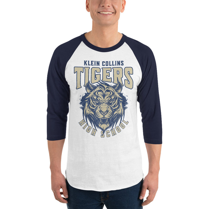 Man wearing a Klein Collins High School Tigers Unisex 3/4 Sleeve Raglan T-shirt 212