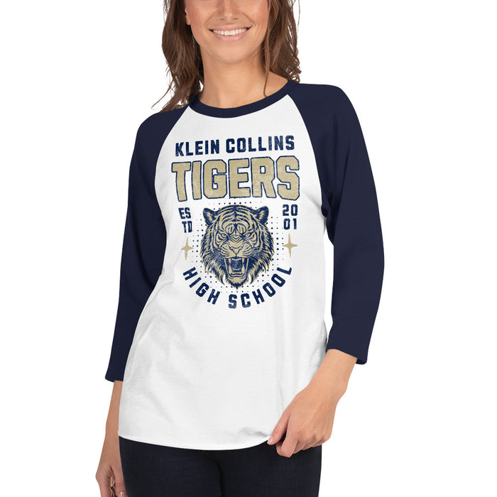 Woman wearing a Klein Collins High School Tigers Unisex 3/4 Sleeve Raglan T-shirt 213