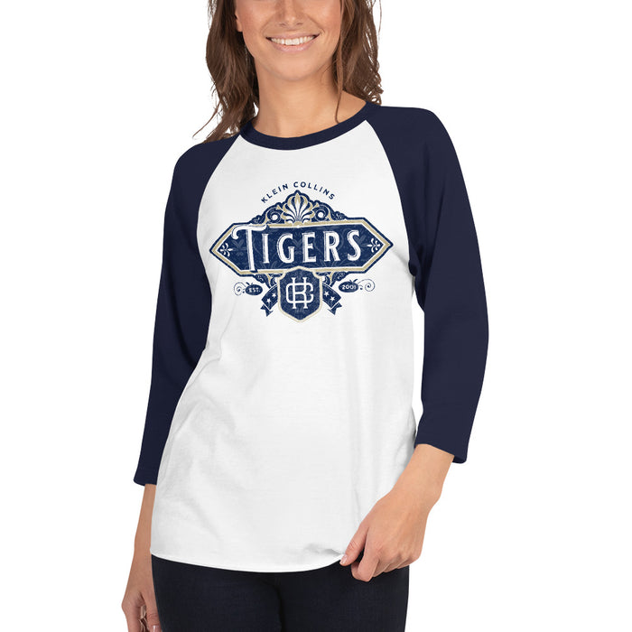 Woman wearing a Klein Collins High School Tigers Unisex 3/4 Sleeve Raglan T-shirt 214