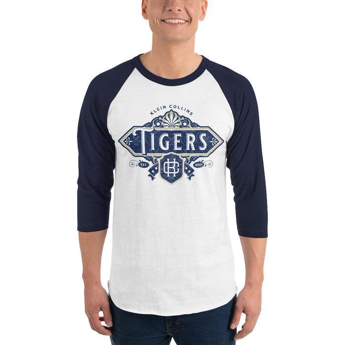 Man wearing a Klein Collins High School Tigers Unisex 3/4 Sleeve Raglan T-shirt 214