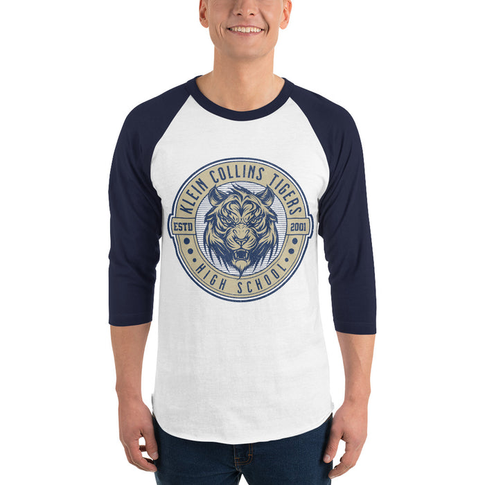 Man wearing a Klein Collins High School Tigers Unisex 3/4 Sleeve Raglan T-shirt 217