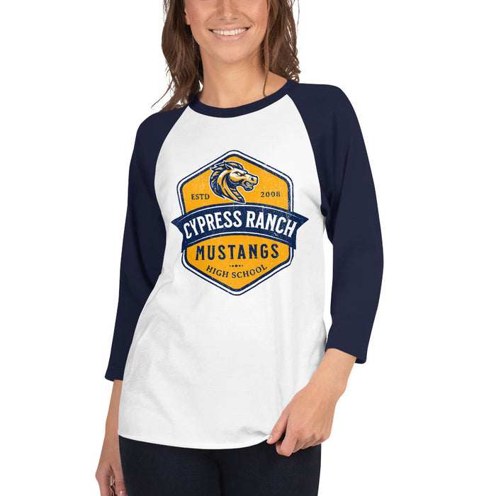 Woman wearing Cypress Ranch High School Mustangs Unisex 3/4 sleeve Raglan T-shirt 210