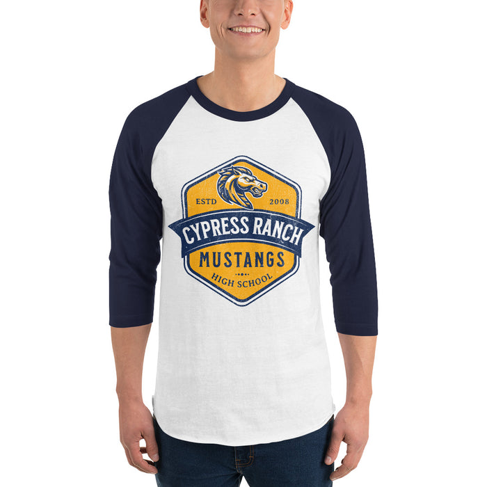 Man wearing Cypress Ranch High School Mustangs Unisex 3/4 sleeve Raglan T-shirt 210