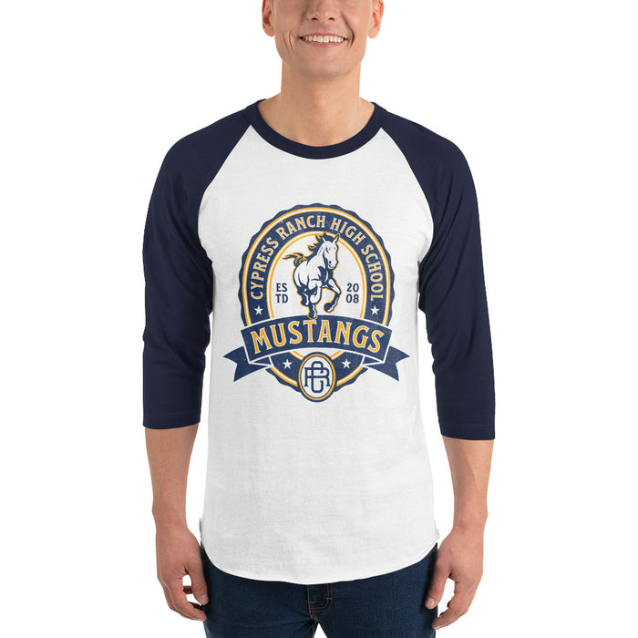 Man wearing Cypress Ranch High School Mustangs Unisex 3/4 sleeve Raglan T-shirt 213