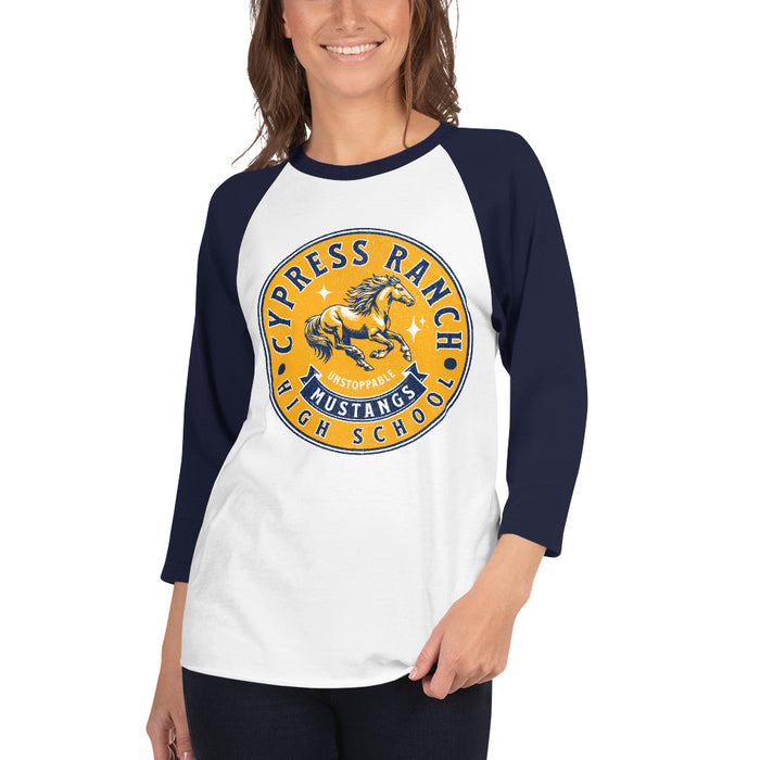 Woman wearing Cypress Ranch High School Mustangs Unisex 3/4 sleeve Raglan T-shirt 216