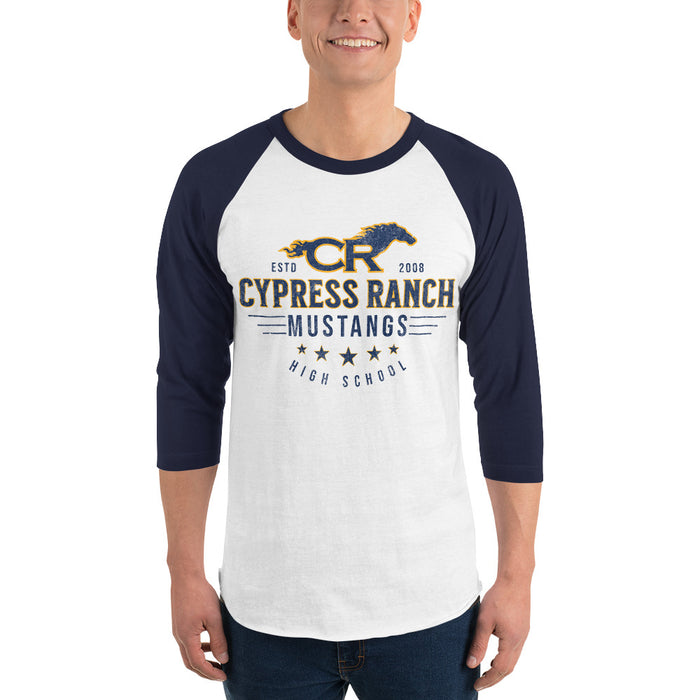 Man wearing Cypress Ranch High School Mustangs Unisex 3/4 sleeve Raglan T-shirt 217