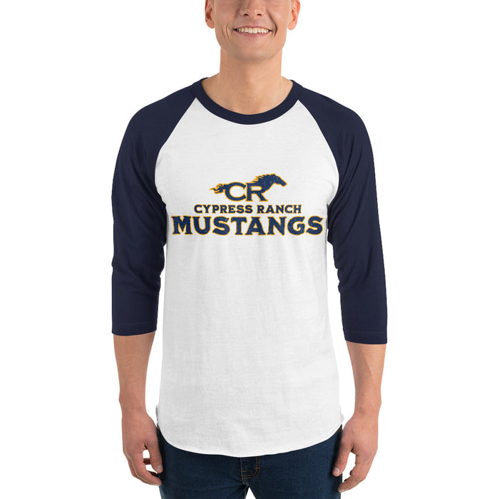 Man wearing Cypress Ranch High School Mustangs Unisex 3/4 sleeve Raglan T-shirt 222