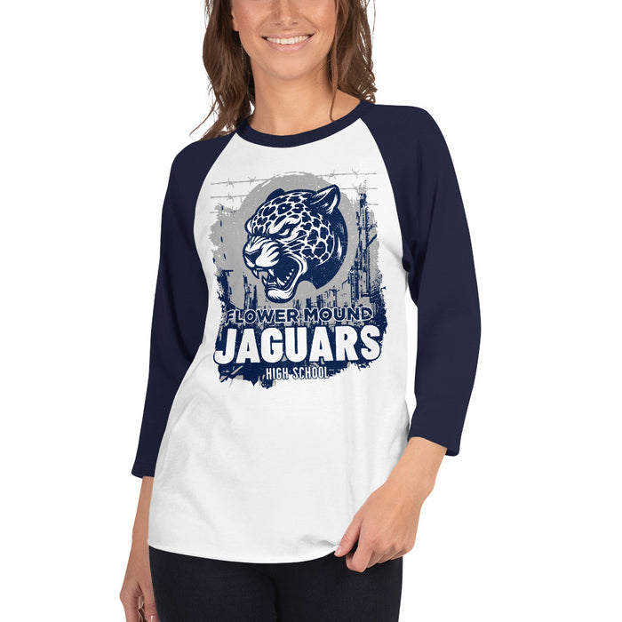 Woman wearing Flower Mound High School Jaguars Unisex 3/4 sleeve Raglan T-shirt 202