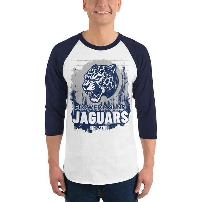 Man wearing Flower Mound High School Jaguars Unisex 3/4 sleeve Raglan T-shirt 202