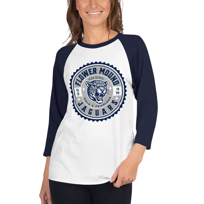 Woman wearing Flower Mound High School Jaguars Unisex 3/4 sleeve Raglan T-shirt 203