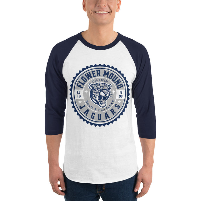 Man wearing Flower Mound High School Jaguars Unisex 3/4 sleeve Raglan T-shirt 203