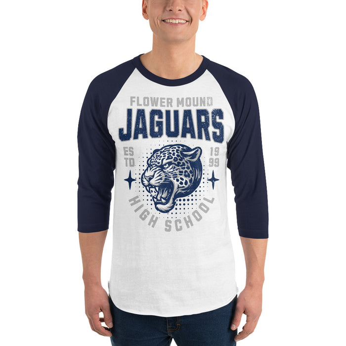 Man wearing Flower Mound High School Jaguars Unisex 3/4 sleeve Raglan T-shirt 204