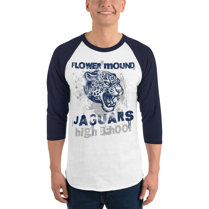 Man wearing Flower Mound High School Jaguars Unisex 3/4 sleeve Raglan T-shirt 205