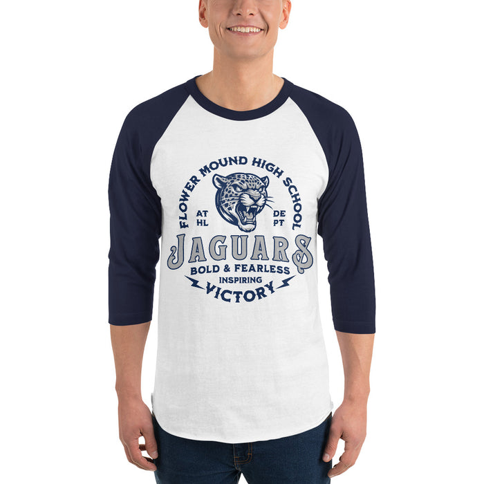 Man wearing Flower Mound High School Jaguars Unisex 3/4 sleeve Raglan T-shirt 206