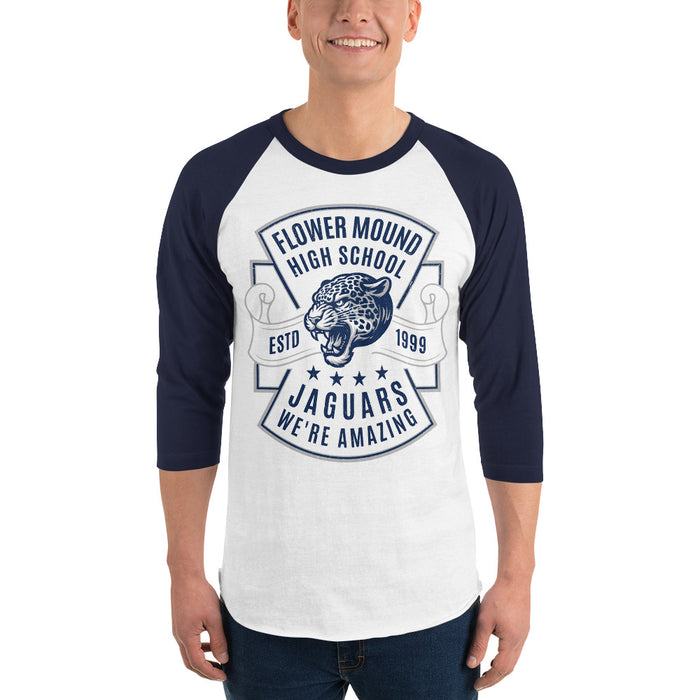 Man wearing Flower Mound High School Jaguars Unisex 3/4 sleeve Raglan T-shirt 207