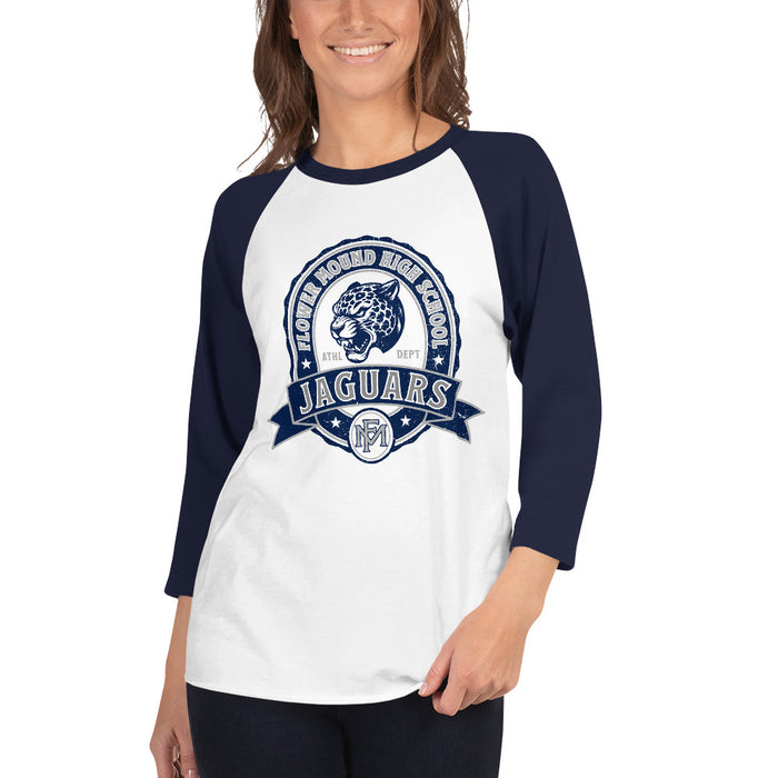 Woman wearing Flower Mound High School Jaguars Unisex 3/4 sleeve Raglan T-shirt 212