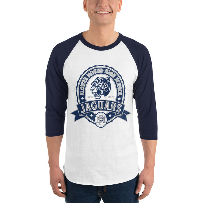 Man wearing Flower Mound High School Jaguars Unisex 3/4 sleeve Raglan T-shirt 212