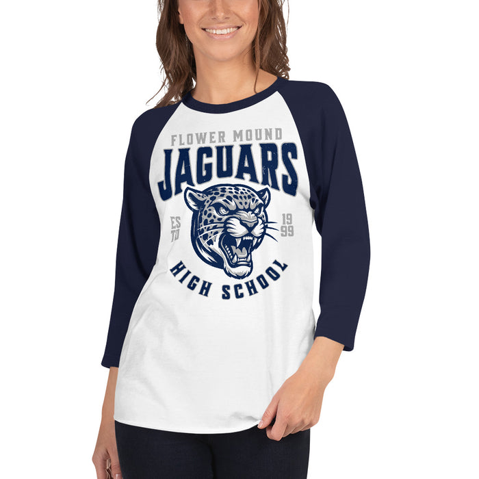 Woman wearing Flower Mound High School Jaguars Unisex 3/4 sleeve Raglan T-shirt 213