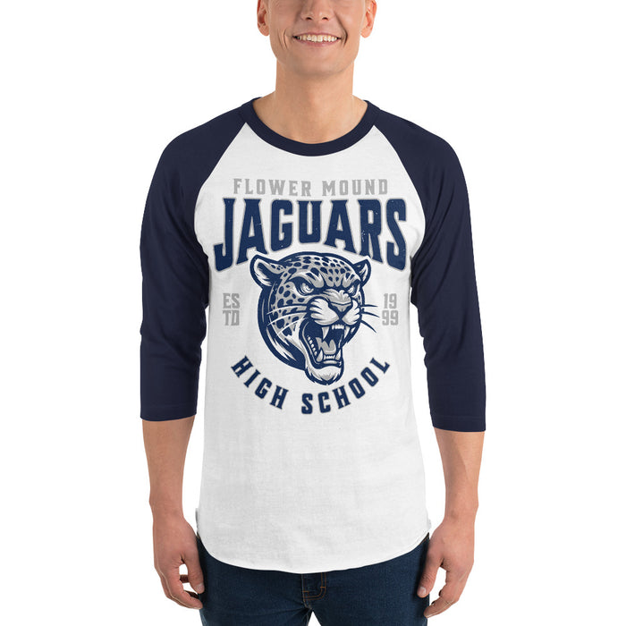 Man wearing Flower Mound High School Jaguars Unisex 3/4 sleeve Raglan T-shirt 213