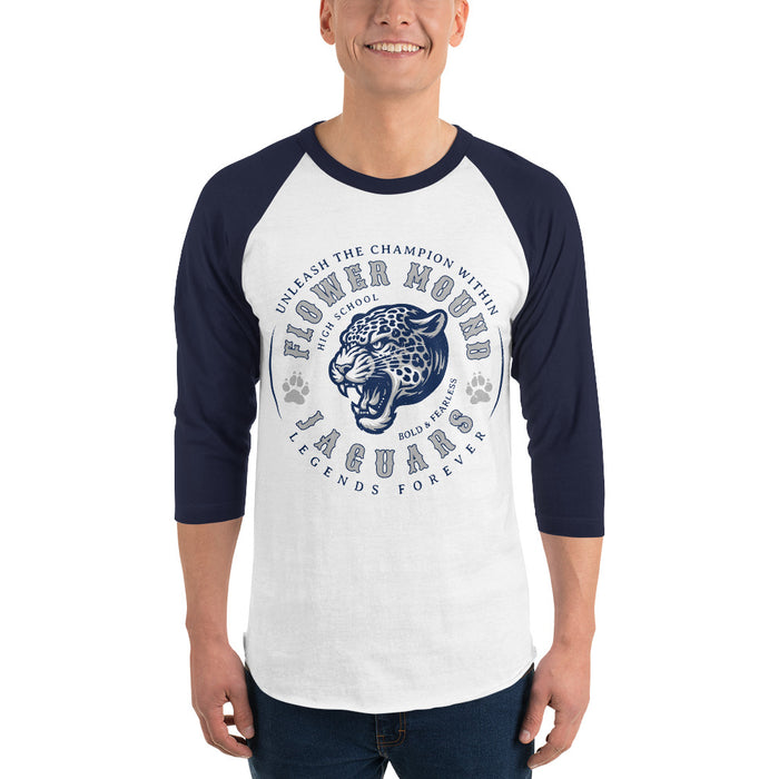 Man wearing Flower Mound High School Jaguars Unisex 3/4 sleeve Raglan T-shirt 214