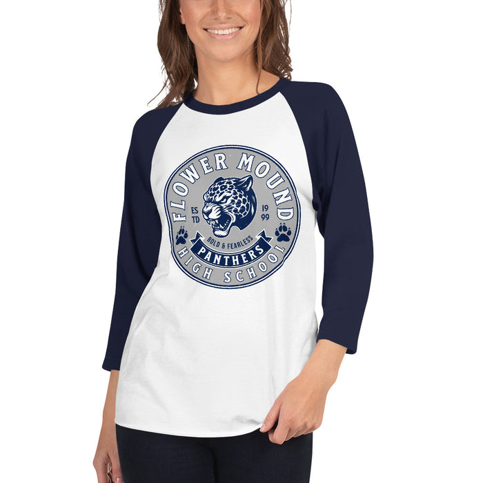 Woman wearing Flower Mound High School Jaguars Unisex 3/4 sleeve Raglan T-shirt 215