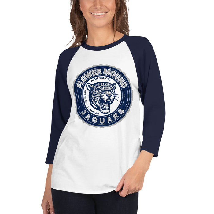 Woman wearing Flower Mound High School Jaguars Unisex 3/4 sleeve Raglan T-shirt 216