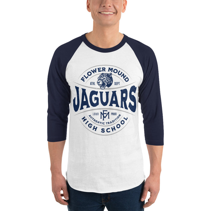 Man wearing Flower Mound High School Jaguars Unisex 3/4 sleeve Raglan T-shirt 218