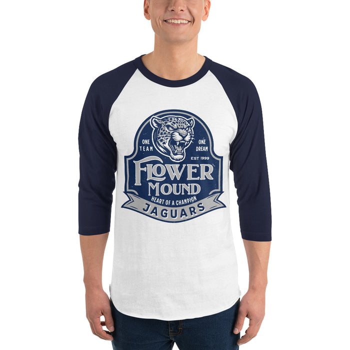 Man wearing Flower Mound High School Jaguars Unisex 3/4 sleeve Raglan T-shirt 219