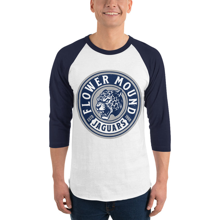 Man wearing Flower Mound High School Jaguars Unisex 3/4 sleeve Raglan T-shirt 220