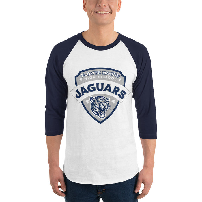 Man wearing Flower Mound High School Jaguars Unisex 3/4 sleeve Raglan T-shirt 221