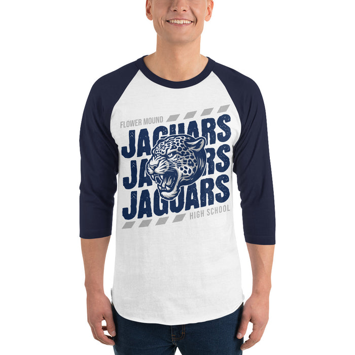 Man wearing Flower Mound High School Jaguars Unisex 3/4 sleeve Raglan T-shirt 223