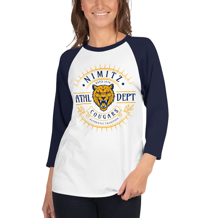 Woman wearing Nimitz High School Cougars Unisex 3/4 Sleeve Raglan T-shirt 201