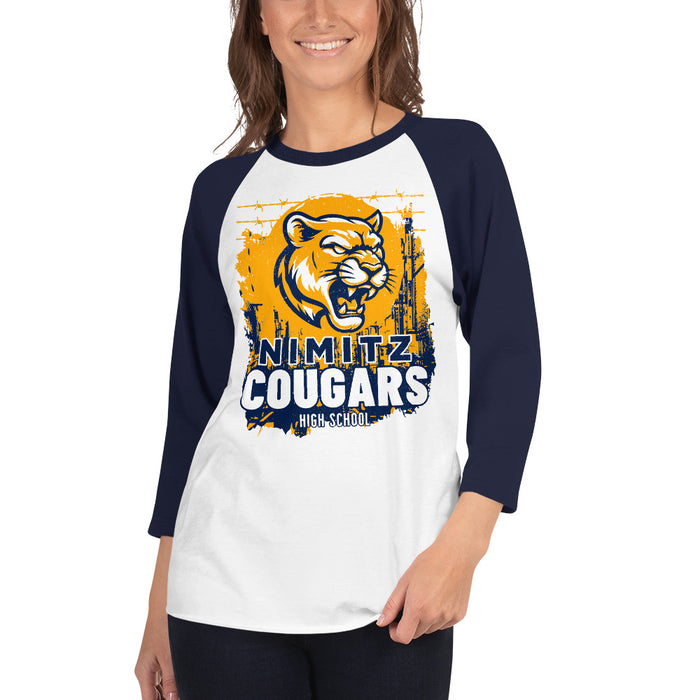 Woman wearing Nimitz High School Cougars Unisex 3/4 Sleeve Raglan T-shirt 202