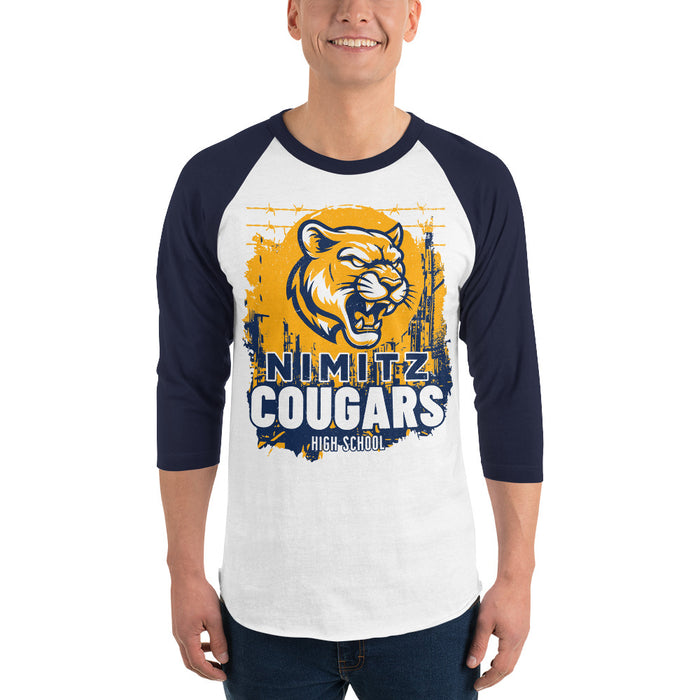 Man wearing Nimitz High School Cougars Unisex 3/4 Sleeve Raglan T-shirt 202