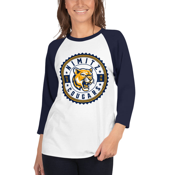 Woman wearing Nimitz High School Cougars Unisex 3/4 Sleeve Raglan T-shirt 203