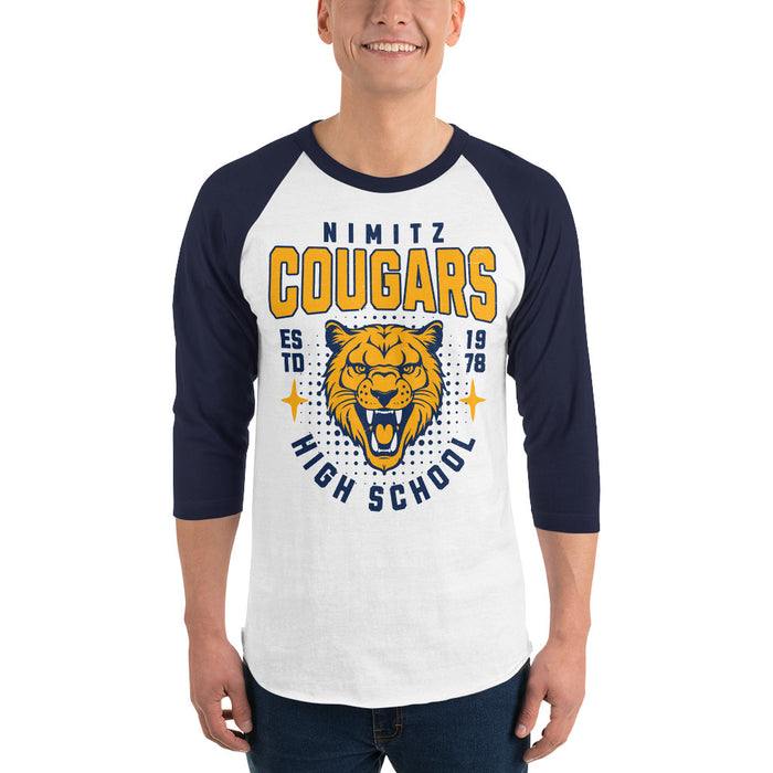 Man wearing Nimitz High School Cougars Unisex 3/4 Sleeve Raglan T-shirt 204