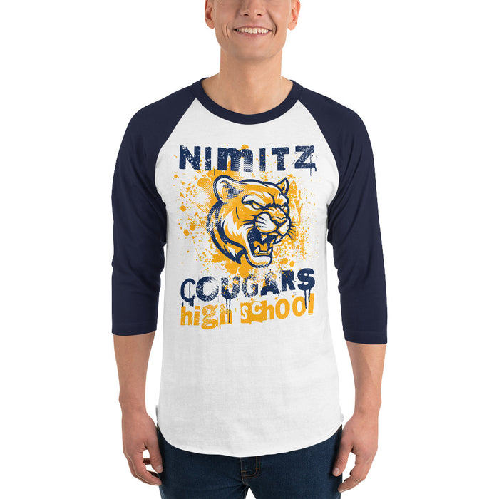 Man wearing Nimitz High School Cougars Unisex 3/4 Sleeve Raglan T-shirt 205