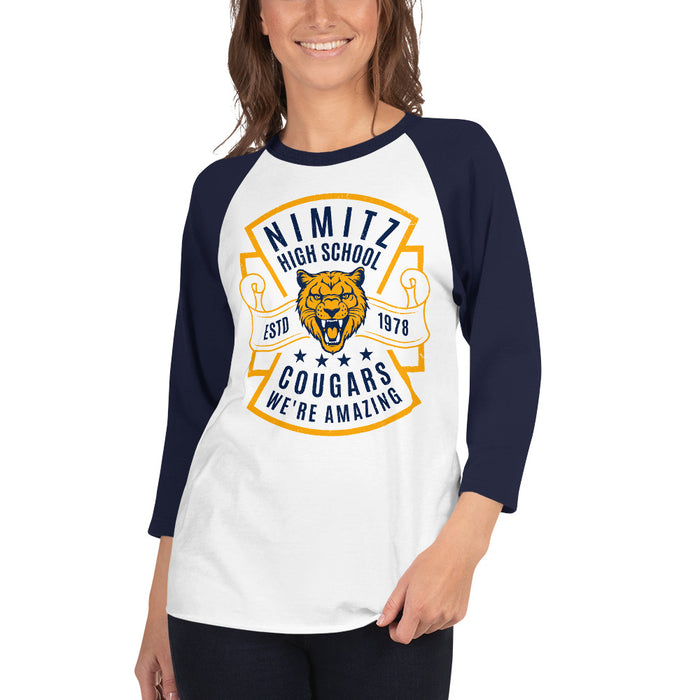 Woman wearing Nimitz High School Cougars Unisex 3/4 Sleeve Raglan T-shirt 207