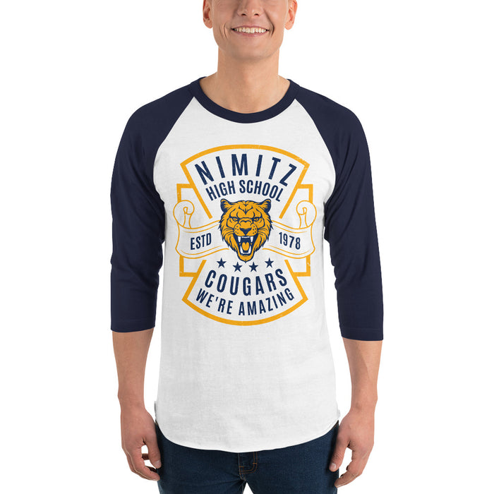 Man wearing Nimitz High School Cougars Unisex 3/4 Sleeve Raglan T-shirt 207