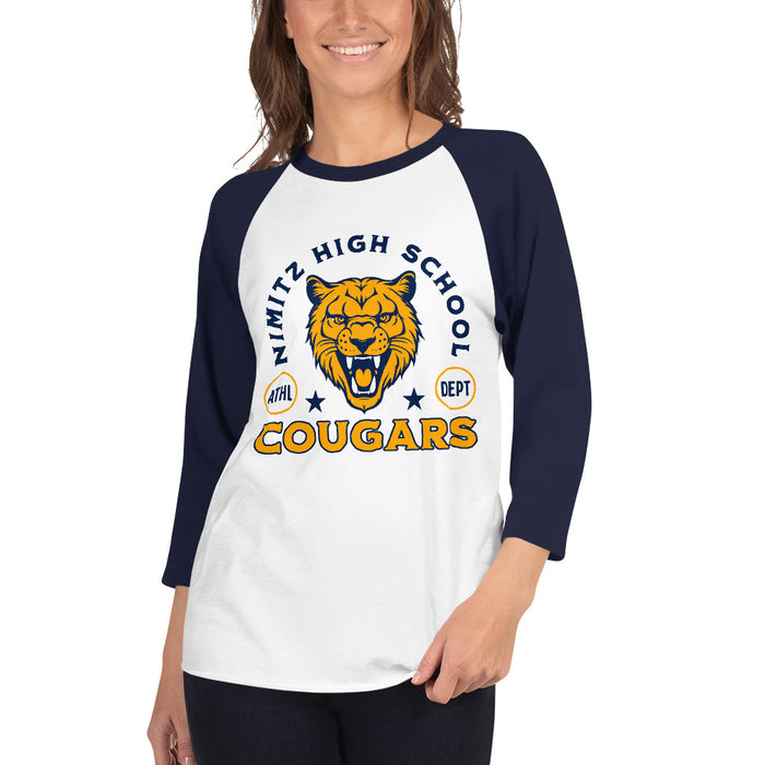 Woman wearing Nimitz High School Cougars Unisex 3/4 Sleeve Raglan T-shirt 208